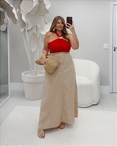 Saia Longa Areia com Fenda Quality Moda Plus Size Duas Verão loja