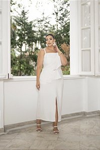 Conjunto Off White Assimétrico com Saia Longuete Quality Moda Plus Size Divas Verão loja