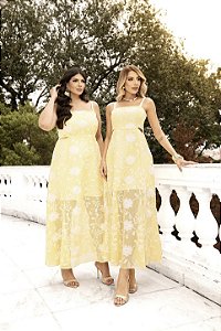 Vestido Longo Amarelo em Bordado Quality Moda Plus Size Dvs