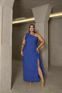 Vestido Ombro Único e Fenda Azul Quality Moda Plus Size Milliossi Verão loja