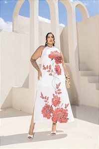Vestido Longo Frente Única Floral Fenda Lateral Quality Moda Plus Size Milliossi Verão loja