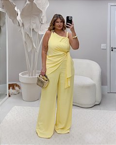 Conjunto Amarelo Blusa Assimétrica com Faixa e Calça Pantalona Quality Moda Plus Size Divas Verão loja