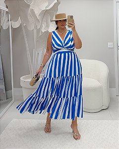 Vestido Midi Listrado Azul Quality Moda Plus Size Alto qbl
