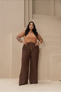 Calça Detalhes no Cós Ocre Quality Moda Plus Size dvs Alto