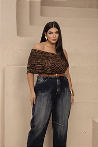 Blusa Ombro Único Drapeada Animal Print Quality Moda Plus Size dvs Alto