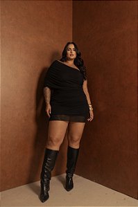 Vestido Tule Ombro Único Preto Quality Moda Plus Size dvs Alto