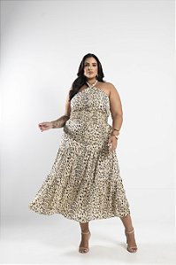 Saia Midi Animal Print Bege Quality Moda Plus Size Alto mlj