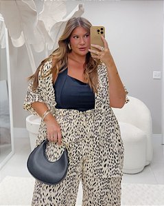 Kimono Midi Animal Print Bege Quality Moda Plus Size Alto mlj