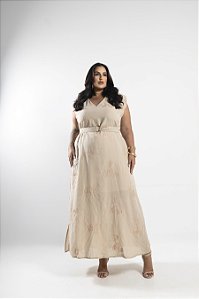 Vestido Longo Linho Bordado Natural Quality Moda Plus Size Alto mlj