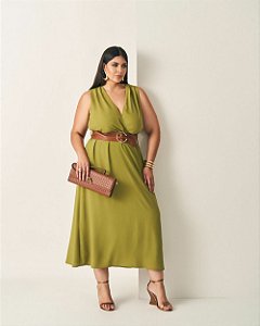 Vestido Midi Workwear Verde Moda Plus Size Alto qbl