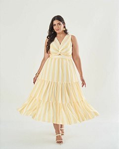 Vestido Midi Listrado Amarelo Quality Moda Plus Size qbl