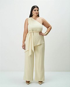 Conjunto Blusa Assimétrica e Pantalona Bege Quality Moda Plus Size Outono qbl