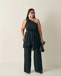 Conjunto Blusa Assimétrica e Pantalona Preto Quality Moda Plus Size Outono qbl