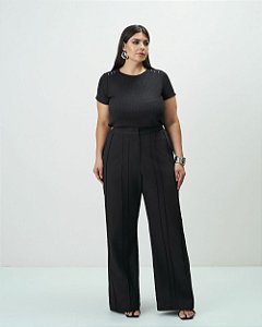 Calça Reta com Nervuras Preta Quality Moda Plus Size Outono qbl