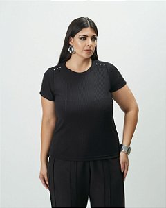 Blusa Canelada com Aplique Preta Quality Moda Plus Size Outono qbl