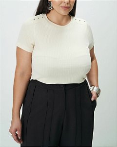 Blusa Canelada com Aplique Creme Quality Moda Plus Size Outono qbl