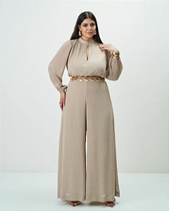 Macacão Gola Alta Bege Quality Moda Plus Size Outono qbl