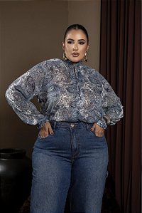 Blusa Manga Longa Estampada Azul Quality Moda Plus Size dvs Outono
