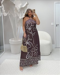Vestido Longo Flor da Noite Marrom Quality Moda Plus Size dub outono loja