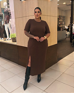 Vestido Manga Curta Midi Canelado Marrom Quality Moda Plus Size mca loja