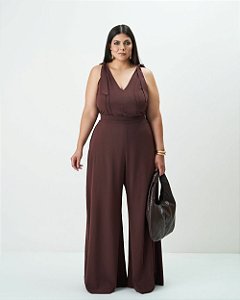 Macacão Pantalona com Nervuras Marrom Quality Moda Plus Size Outono qbl Preview