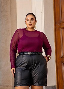 Blusa Tule Manga Longa Bordo Quality Moda Plus Size Outono mca loja
