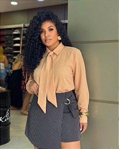 Camisa Laço Gravatta Bege Quality Moda Plus Size dub outono loja