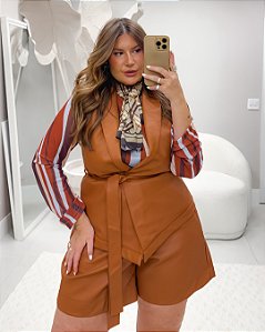 Blusa Tule Estampada Marrom Quality Moda Plus Size dub outono Preview