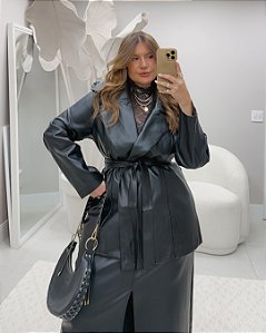 Maxi Blazer Couro Preto Quality Moda Plus Size dub outono Preview