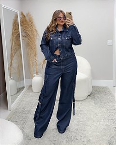Calça Wide Leg Cargo Jeans Blue Quality Moda Plus Size dvs Outono Preview town
