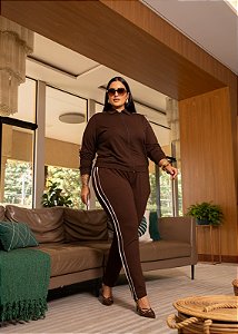 Conjunto Jaqueta e Calça Listas Marrom Quality Moda Plus Size mca Loja