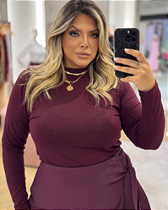 Blusa Manga longa Segunda Pele Vinho Quality Moda Plus Size mca Loja
