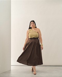 Saia Midi Franzido Marrom Quality Moda Plus Size Brit Preview qbl