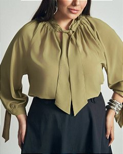 Blusa Manga Longa Franzido Gola Verde Quality Moda Plus Size Brit Preview qbl