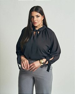 Blusa Manga Longa Franzido Gola Preta Quality Moda Plus Size Brit Preview qbl