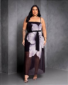 Vestido Plus Size Tule Flex Preto Estampado Quality Moda Plus Size Preview Dub