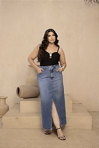 Saia Midi Jeans Quality Moda Plus Size dvs