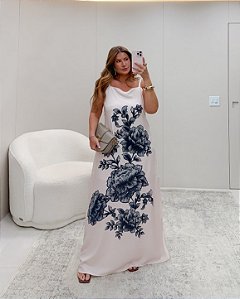 Vestido Longo com Fenda e Estampa Floral Quality Moda Plus Size dvs