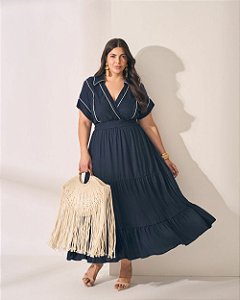 Vestido Midi Gola V com Vivo Contrastante Quality Moda Plus Size Preview qbl