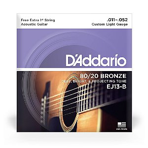 Encordoamento Para Violão Aço 11-52 Com Corda Extra PL011 D’Addario Bronze 80/20 EJ13-B