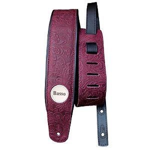 Correia Guitarra Violão Baixo Basso Alça Couro Floral Bordo