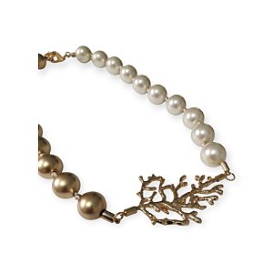 Colar Pérola com Pingente Alga Dourado