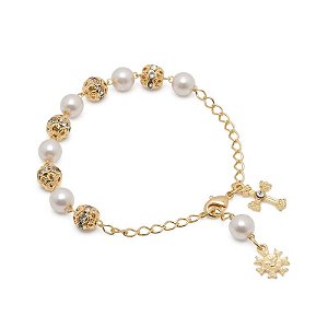Pulseira Dezena Pérola 8mm/Strass 8mm Dour (Vidrinho)
