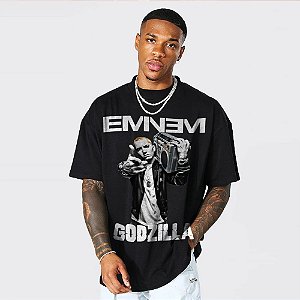 Camiseta Oversized Streetwear Masculina/Feminina Bootleg Eminem Godzilla - Preto