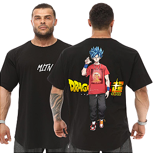 Camiseta Oversized Masculina Larga Para Treino e Academia - Dragon Ball Goku Saiyajin Azul