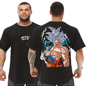 Camiseta Oversized Masculina Larga Para Treino e Academia - Dragon Ball Goku Saiyajin Ultra Instinto