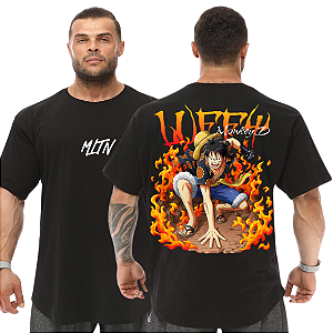 Camiseta Oversized Masculina Larga Para Treino e Academia - One Piece Luffy Fogo