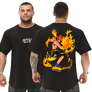 Camiseta Oversized Masculina Larga Para Treino e Academia - One Piece Luffy Fogo
