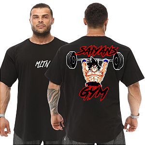 Camiseta Oversized Masculina Larga Para Treino e Academia - Dragon Ball Goku Saiyans Gym