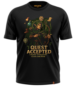 CAMISETA ARCADE GEEK GAMER RPG QUEST ACCEPTED ARCHER ARQUEIRO CHOOSE YOUR PATH XP DRAGONS #532
